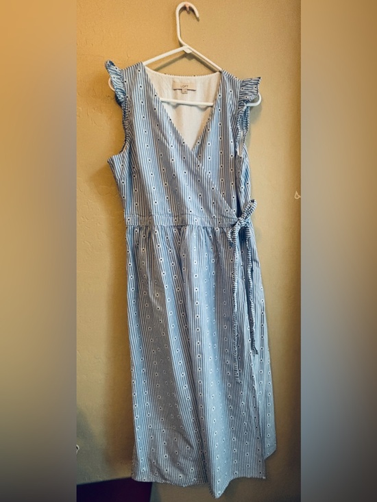 LOFT Dresses & Skirts - LOFT Light Blue & White Striped Midi Wrap Dress with Ruffle Sleeves Women’s L